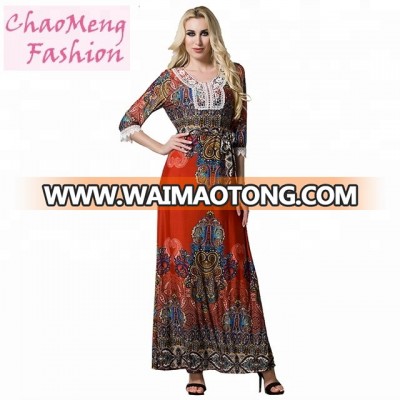 5067# Three quarter sleeve long maxi colored dress lace embroidery front kaftan ethnic clothing fabric