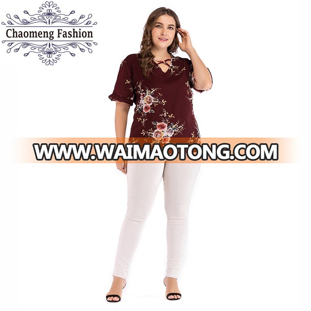 2087#Latest design of half shirt wholesale ladies' blouses & tops plus size women clothing